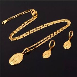 New 18k Gold Virgin Mary Necklace & Earrings Set